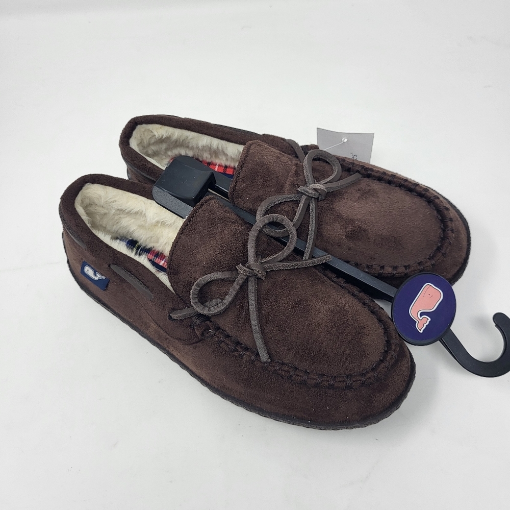 Vineyard Vines Boys Size 4 Peak Plaid Moccasin Slippers Brown‎ Suede Lined